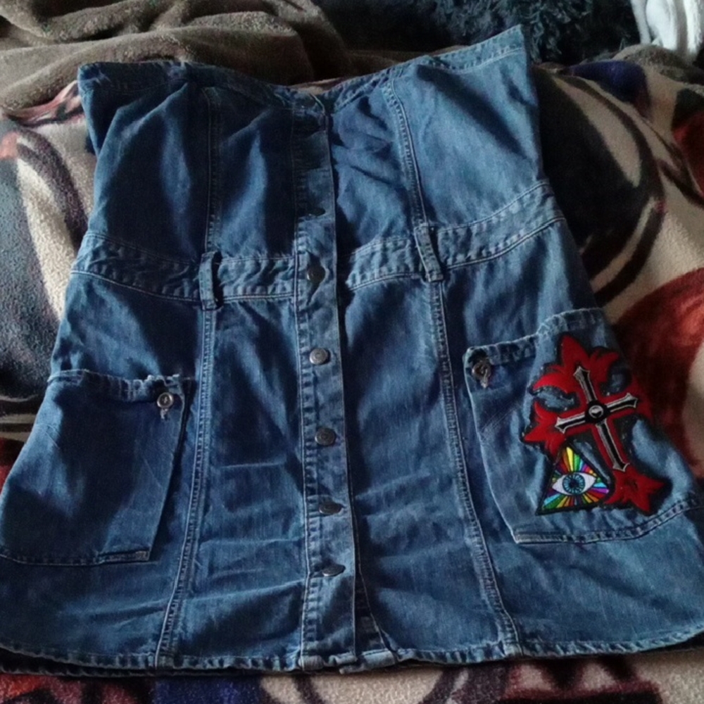 Levi's Blue Denim Mini Dress Made In Morroco. I Sewed The Patches On It.